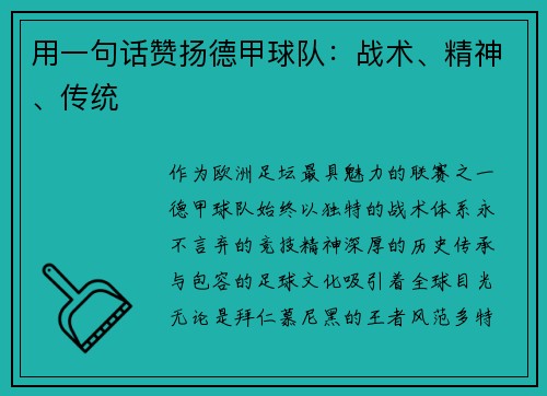 用一句话赞扬德甲球队：战术、精神、传统
