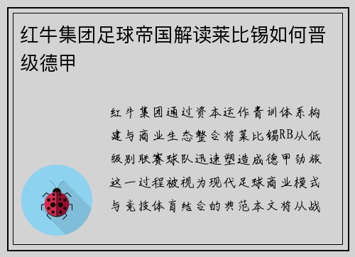红牛集团足球帝国解读莱比锡如何晋级德甲