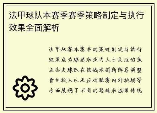 法甲球队本赛季赛季策略制定与执行效果全面解析