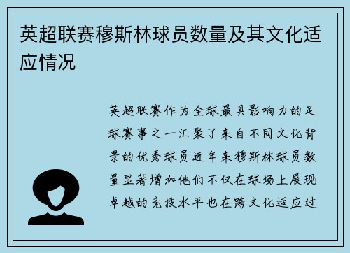 英超联赛穆斯林球员数量及其文化适应情况